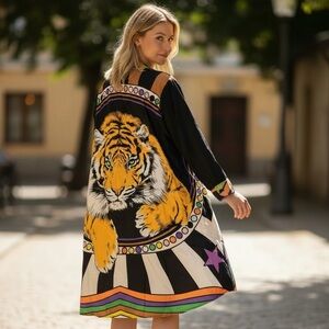 Satin Finish Tiger Print High-Low Shirt Dress NT By Amati Italy - One Size NWT